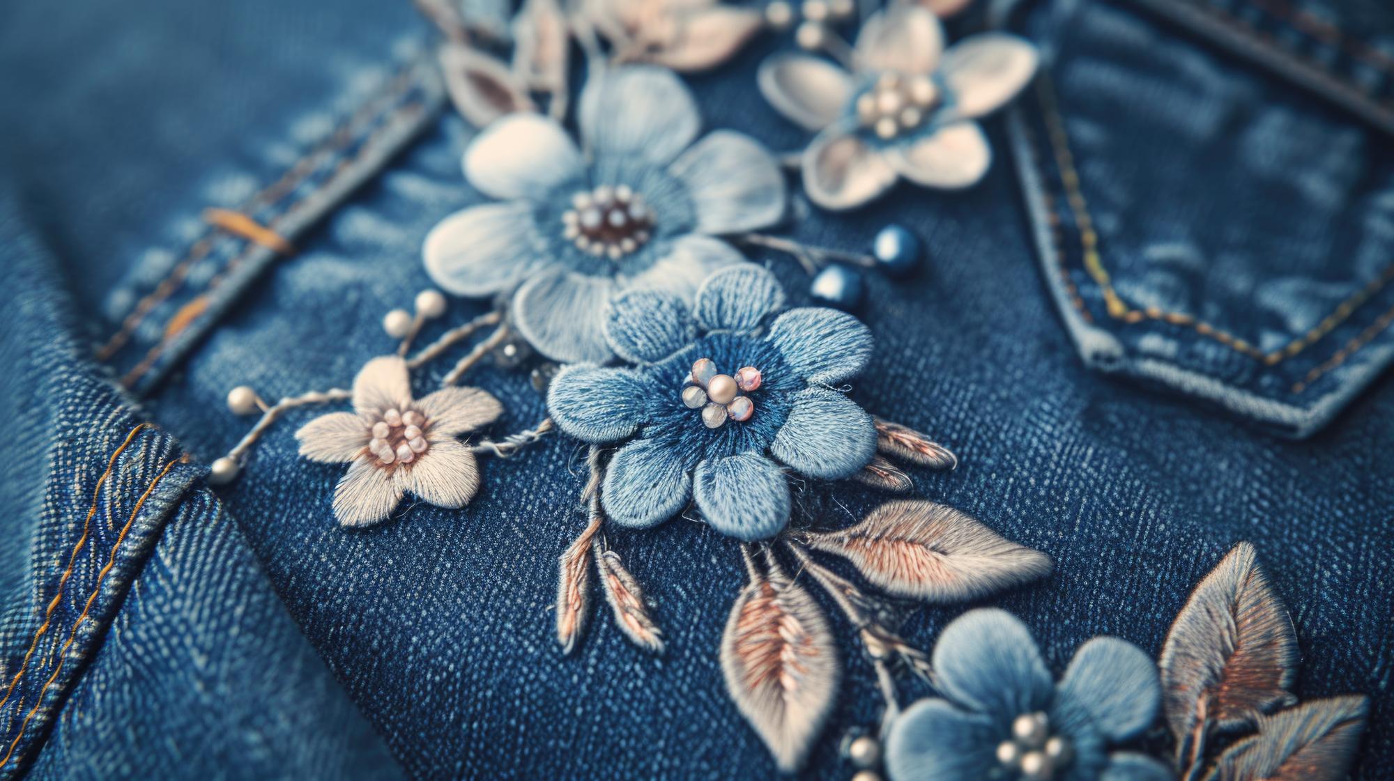 Embroidery close-up floral motif on denim